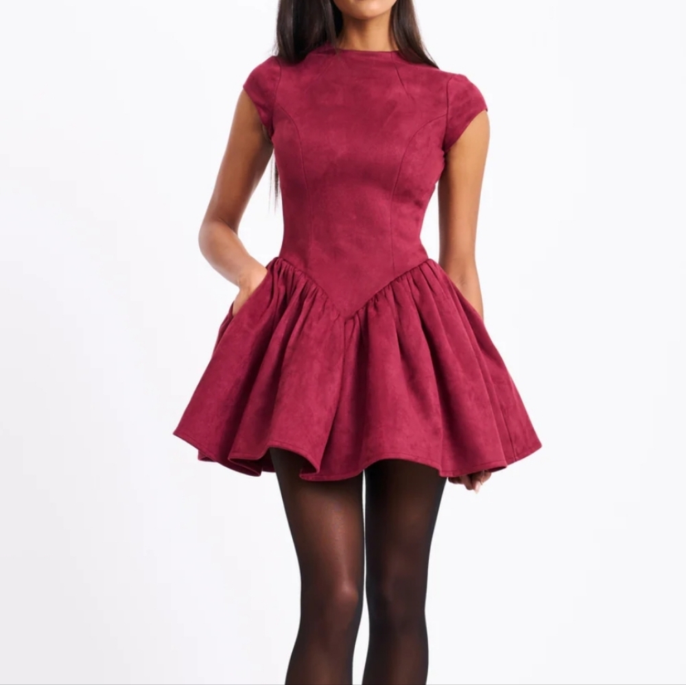 Miss Circle Jacqueline Backless Burgundy Mini Puffy Suede Dress Size XS